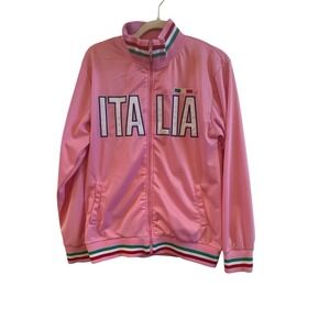Italia Logo Pink Track Jacket Woman's Size Large Full Zip Cotton Blend Retro